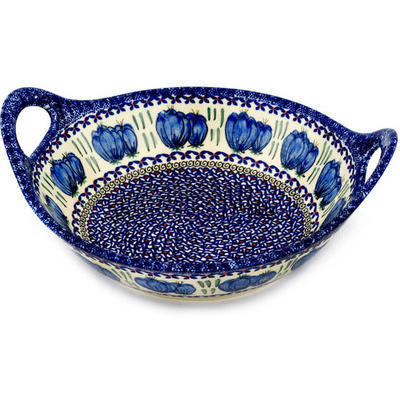 Polish Pottery Bowl with Handles 12-inch Blue Bulbs
