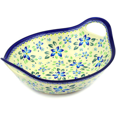 Polish Pottery Bowl with Handles 12-inch Blue Clematis