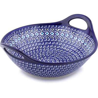Polish Pottery Bowl with Handles 12-inch Blue Diamond Dream
