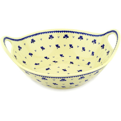 Polish Pottery Bowl with Handles 12-inch Blue Heart Trio