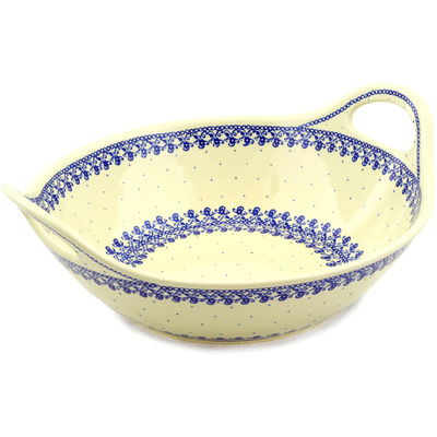 Polish Pottery Bowl with Handles 12-inch Blue Lace Vines