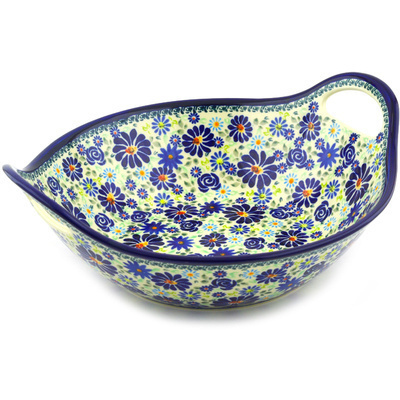 Polish Pottery Bowl with Handles 12-inch Blue Summer Garden