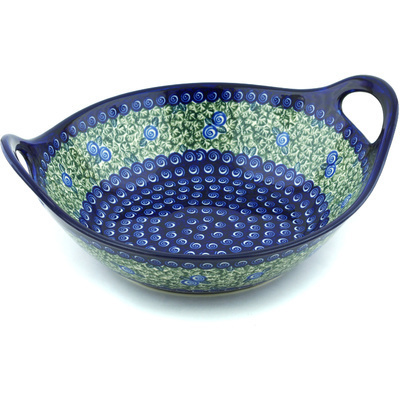 Polish Pottery Bowl with Handles 12-inch Blueberry Swirl