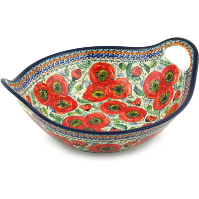 Polish Pottery Bowl with Handles 12-inch Bursts Of Red UNIKAT