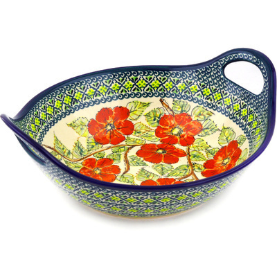 Polish Pottery Bowl with Handles 12-inch Checkered Lime UNIKAT