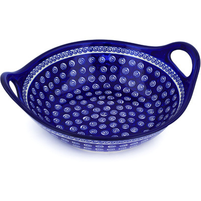Polish Pottery Bowl with Handles 12-inch Cobalt Swirl