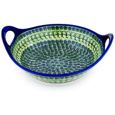 Polish Pottery Bowl with Handles 12-inch Emerald Forest