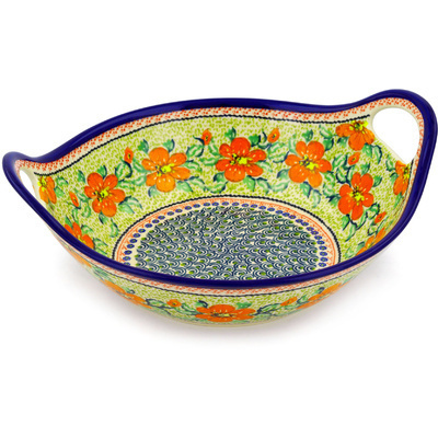 Polish Pottery Bowl with Handles 12-inch Fire Poppy UNIKAT