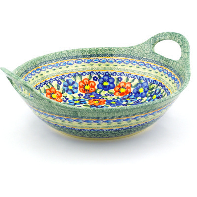 Polish Pottery Bowl with Handles 12-inch Floral Delight UNIKAT