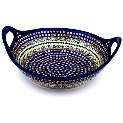 Polish Pottery Bowl with Handles 12-inch Floral Peacock UNIKAT