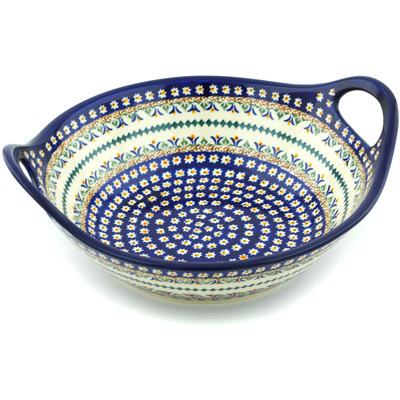 Polish Pottery Bowl with Handles 12&quot; Floral Peacock UNIKAT