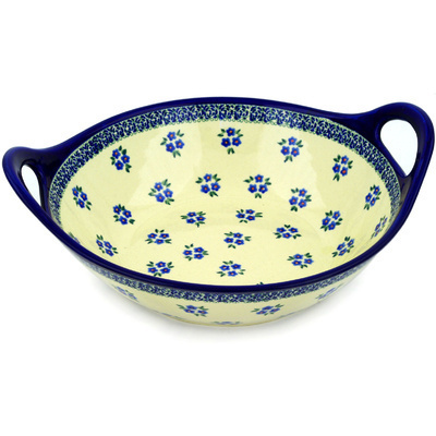 Polish Pottery Bowl with Handles 12-inch Forget Me Not Dots
