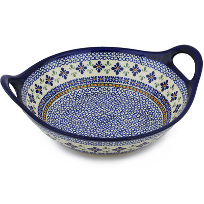 Polish Pottery Bowl with Handles 12-inch Gangham Flower Chain