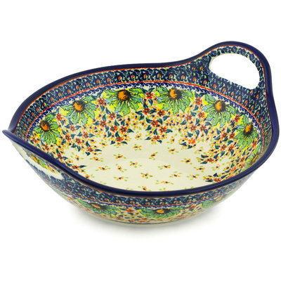Polish Pottery Bowl with Handles 12-inch Garden Flair UNIKAT