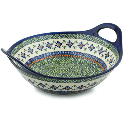 Polish Pottery Bowl with Handles 12-inch Gingham Flowers