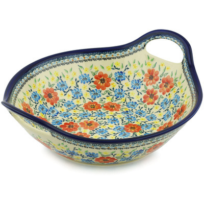 Polish Pottery Bowl with Handles 12-inch Golden Floral UNIKAT