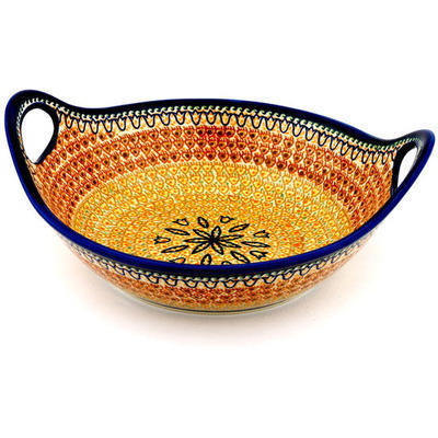 Polish Pottery Bowl with Handles 12-inch Golden Tulip UNIKAT