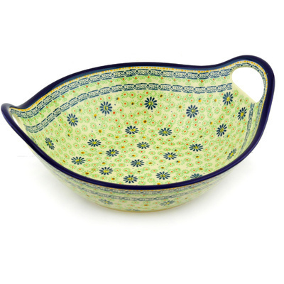 Polish Pottery Bowl with Handles 12-inch Green Aster Field