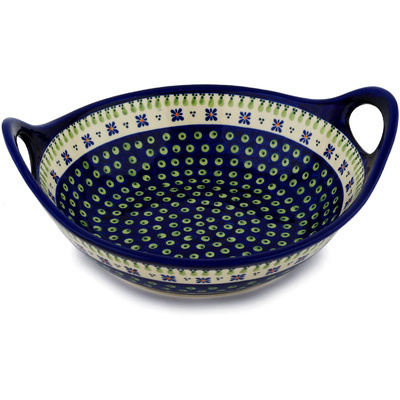 Polish Pottery Bowl with Handles 12-inch Green Gingham Peacock