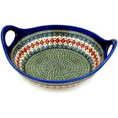 Polish Pottery Bowl with Handles 12-inch Green Mosaic UNIKAT