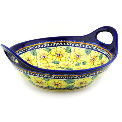 Polish Pottery Bowl with Handles 12-inch Lemon Poppies UNIKAT