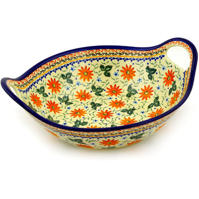 Polish Pottery Bowl with Handles 12-inch Mexican Flame UNIKAT
