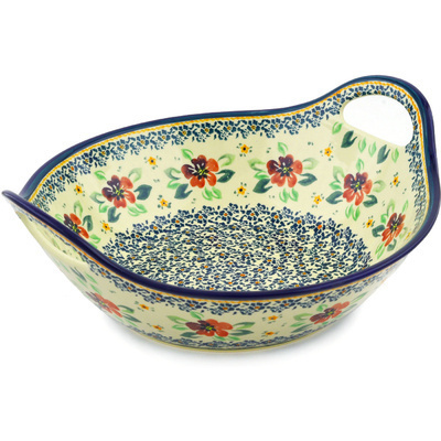Polish Pottery Bowl with Handles 12-inch Nightingale Flower