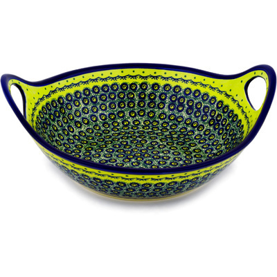 Polish Pottery Bowl with Handles 12-inch Peacock Bumble Bee