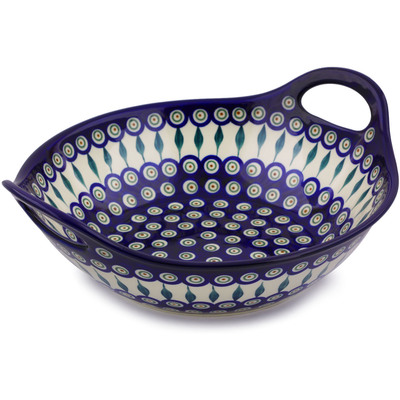 Polish Pottery Bowl with Handles 12-inch Peacock Leaves