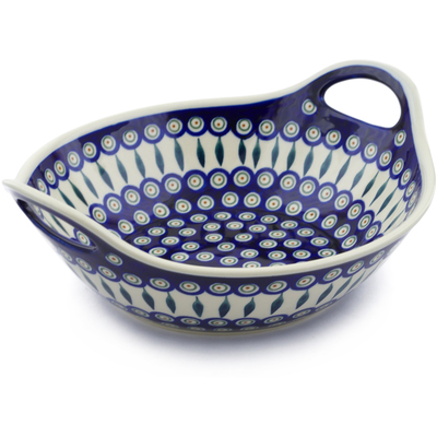 Polish Pottery Bowl with Handles 12-inch Peacock Leaves