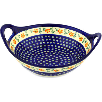 Polish Pottery Bowl with Handles 12-inch Poinsetia Peacock