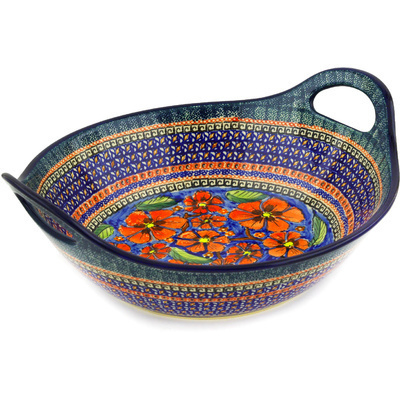Polish Pottery Bowl with Handles 12-inch Poppies UNIKAT
