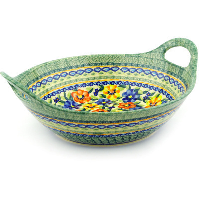 Polish Pottery Bowl with Handles 12-inch Primary Poppies UNIKAT