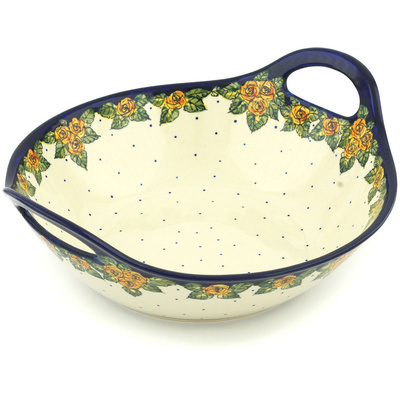 Polish Pottery Bowl with Handles 12-inch Red Cabbage Roses