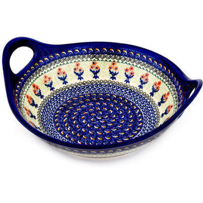 Polish Pottery Bowl with Handles 12-inch Red Daisy Blooms UNIKAT
