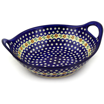 Polish Pottery Bowl with Handles 12-inch Red Daisy Peacock