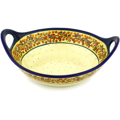 Polish Pottery Bowl with Handles 12-inch Russett Floral