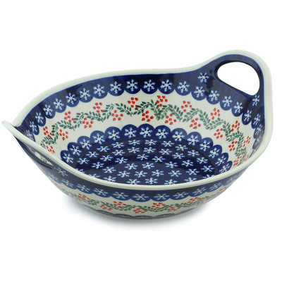 Polish Pottery Bowl with Handles 12-inch Snowflakes Tree