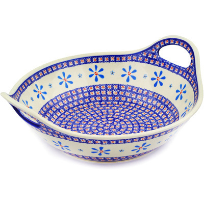 Polish Pottery Bowl with Handles 12-inch Spinning Daisies
