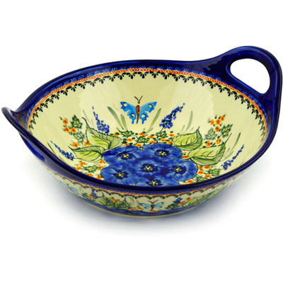 Polish Pottery Bowl with Handles 12-inch Spring Splendor UNIKAT