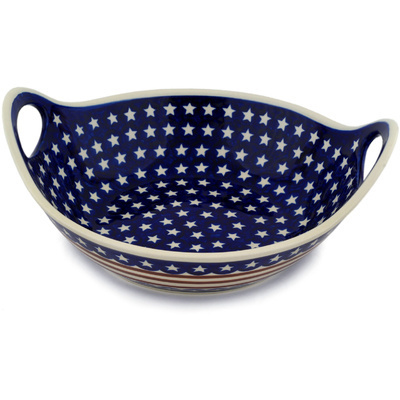 Polish Pottery Bowl with Handles 12-inch Stars And Stripes