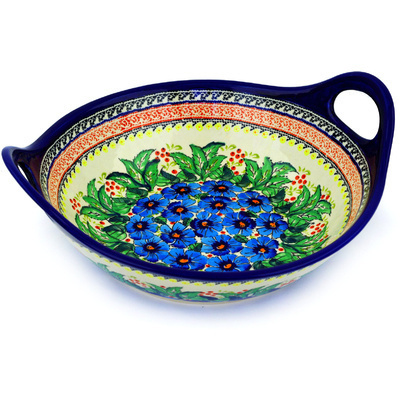 Polish Pottery Bowl with Handles 12-inch Summer Splendor UNIKAT