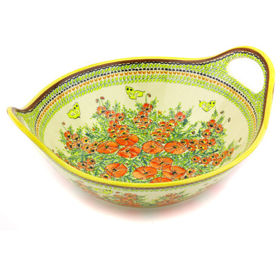 Polish Pottery Bowl with Handles 12-inch Summer Splendor UNIKAT