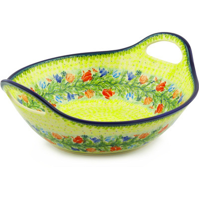 Polish Pottery Bowl with Handles 12-inch Sunshine Tulips UNIKAT