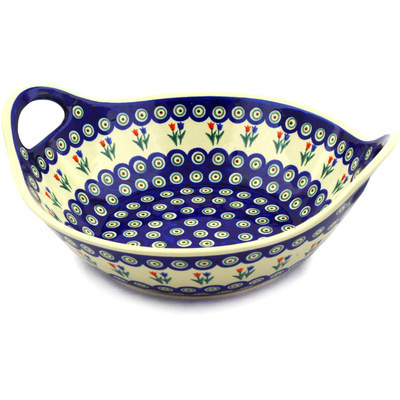 Polish Pottery Bowl with Handles 12-inch Tulip Pair Peacock