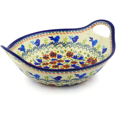Polish Pottery Bowl with Handles 12-inch Vine Birds UNIKAT