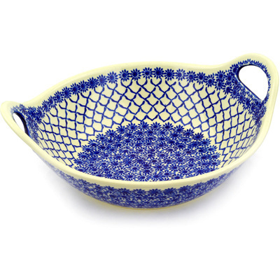 Polish Pottery Bowl with Handles 12-inch Woven Blue Astrids