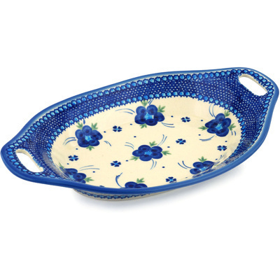 Polish Pottery Bowl with Handles 13&quot; Bleu-belle Fleur