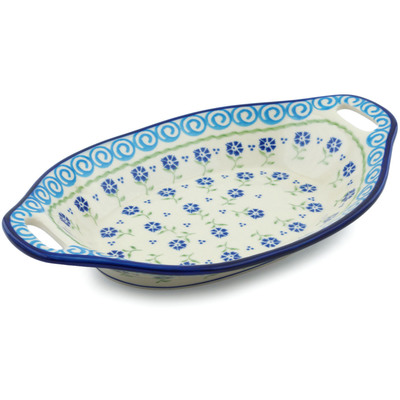 Polish Pottery Bowl with Handles 13&quot; Blue Bursts
