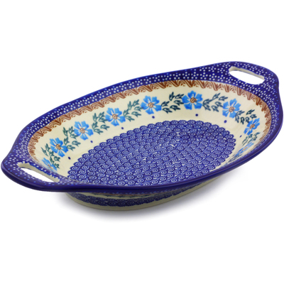 Polish Pottery Bowl with Handles 13&quot; Blue Cornflower